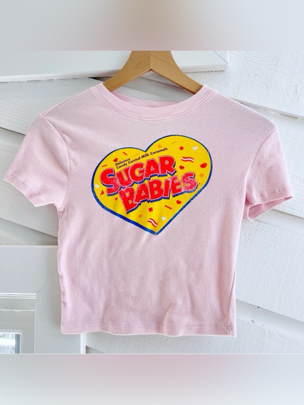 Vintage Y2K Sugar Babies Candy Baby Tee Pastel Pink Graphic Crop Top M